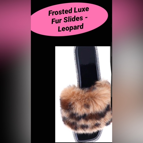 Leopard Fur Slides w Rhinestones - Picture 2 of 3